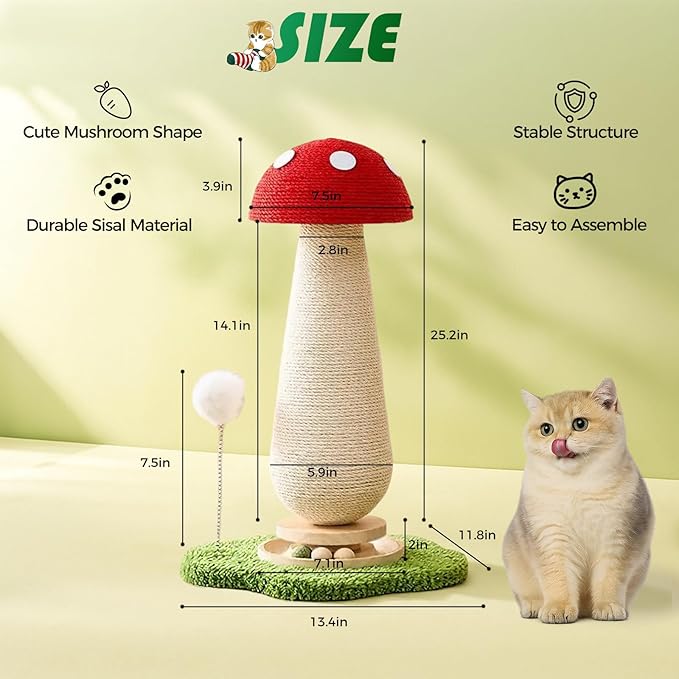 DFQ Mushroom Cat Scratching Post,Scratcher for Indoor Adults Cats, Kitty Tree with Catnip Ball Track Spring Fur Ball,Durable Sisal Toy,Kitten Tower with Durable Solid Wood,25.2''-Red