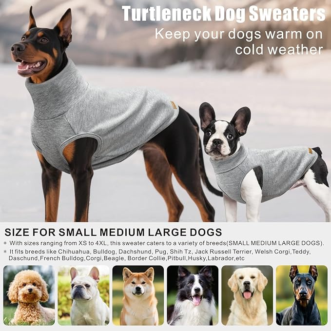 Mosucoirl Dog Sweaters Pet Pullover,Turtleneck Doggy Sweatshirt for Extra Large Dogs Thick Warm Dog Clothes Fleece Soft Winter Puppy Hoodies Outfit for Small Medium Large Dogs XS-4XL (Grey, 2XL)