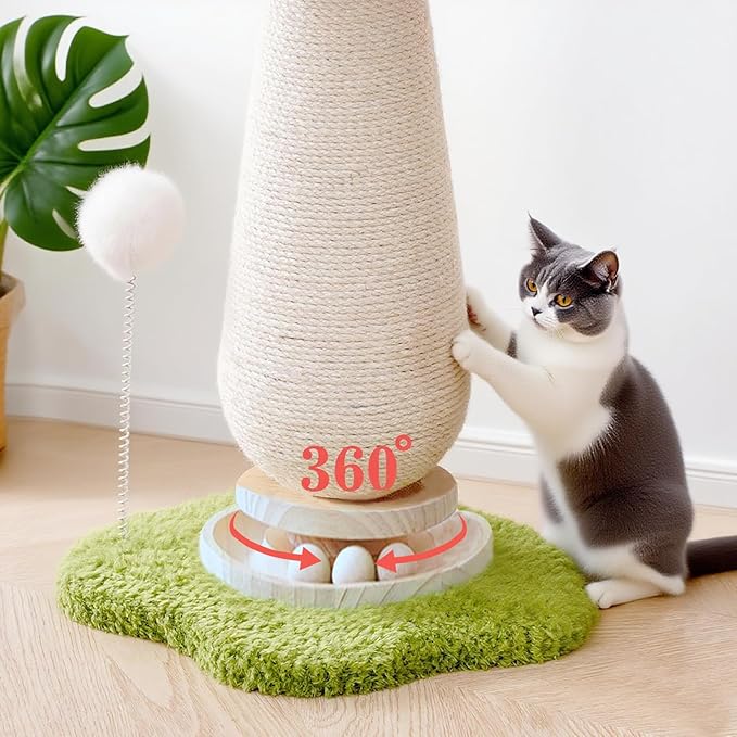 WLHYHHCute Mushroom Shaped Cat Scratching Post - Cat Toy with Ball Lane and Spring-Loaded Pom Poms - 21.25 Inch Tall Sisal Cat Scratching Post for Indoor Cats