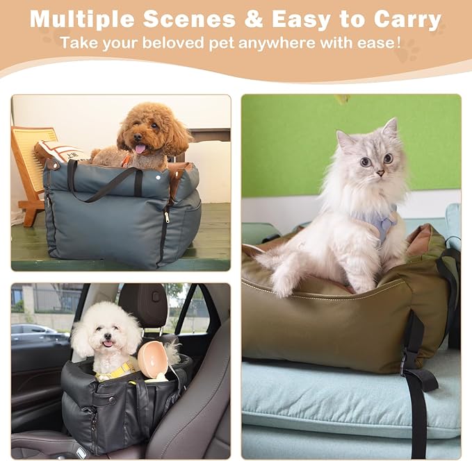 Dog Car Seat for Large Dogs, Large Leather Dog Car Bed with Storage Pocket, Waterproof PVC Leather Booster Seat Travel Bed for Front & Back Seat, Clip-On Safety Leash (Green/Brown)