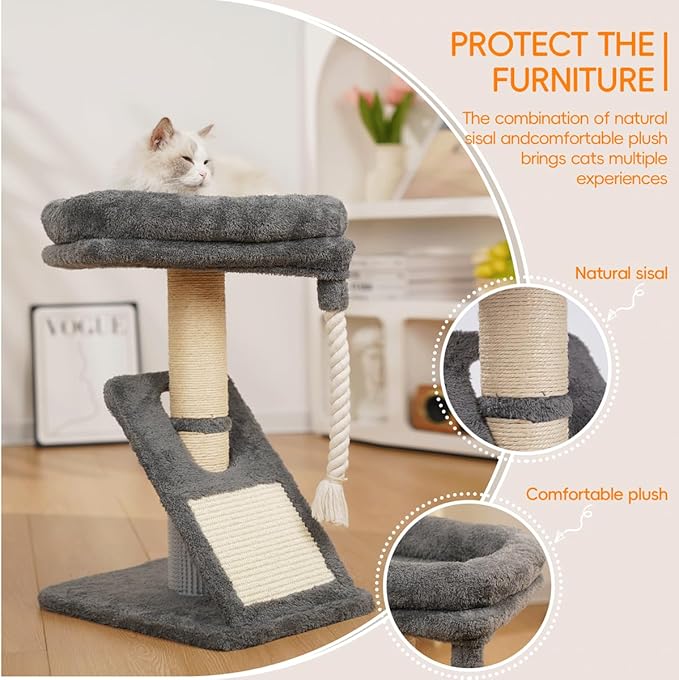 Cat Tree with Bed, 24.8" Multi-Level Cat Tower with Sisal Scratching Posts, Plush Perch, Hanging Toys & Grooming Brush - for Indoor Cats to Play, Sleep, and Claw Sharpening