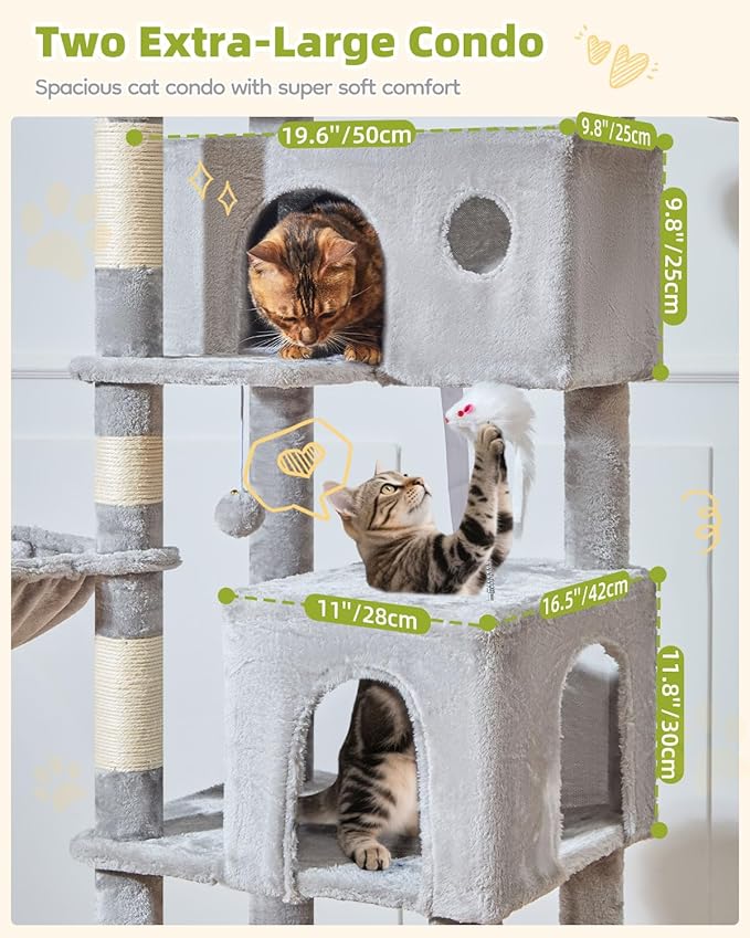 Taoqimiao Tall Cat Tree, 76-Inch Cat Tower with Scratching Posts，Sturdy Cat tree for Indoor Cats Large Adult with 2 Condos, 2 Perches, 2 Hanging Baskets, Hammock, 8 Scratching Posts, MS046W Light Gray
