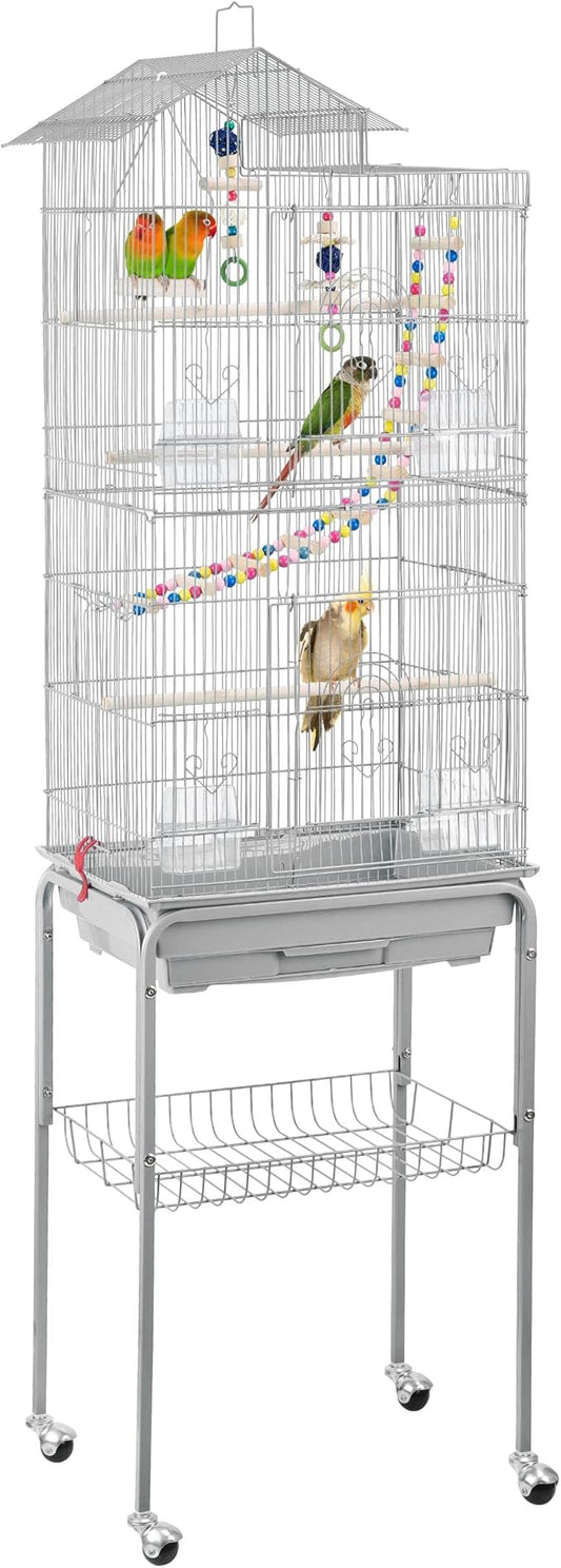 Yaheetech Metal Roof Top Bird Cage Wrought Rolling Birdcage w/Detachable Stand for Medium Small Parrots Parakeets Budgies Cockatiels