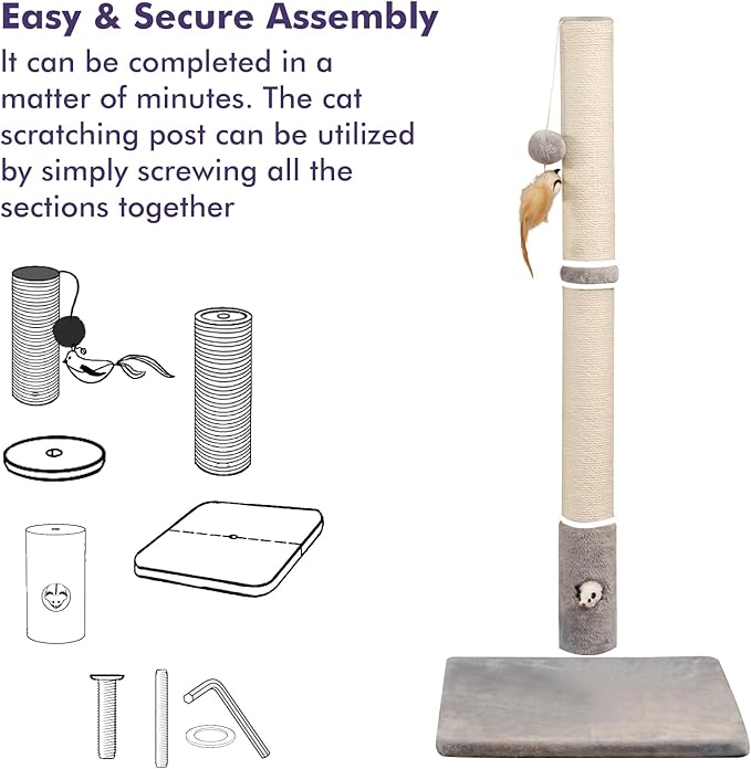 34‘’ Tall Cat Scratching Post with Premium Sisal Rope for Indoor Scratcher Post Tree for Indoor Cat Toy with Mouse Hole, Hanging Ball for Adult Cats and Kittens