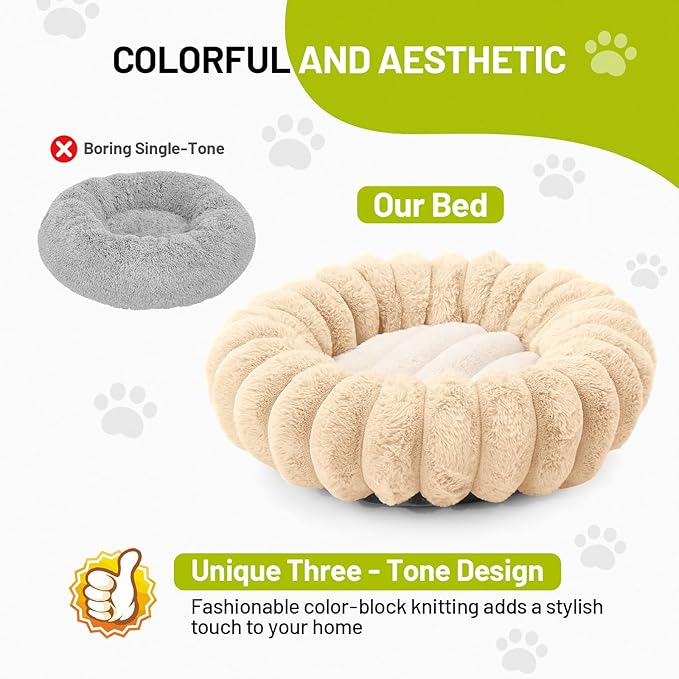 Cloudsoft Flower Cat Bed and Dog Bed, Washable Plush Pet Bed with Non-Slip Water-Resistant Bottom, Faux Furfor Cats & Small Dogs Up to 33 lbs, 29.9"x29.9" (Light Beige)