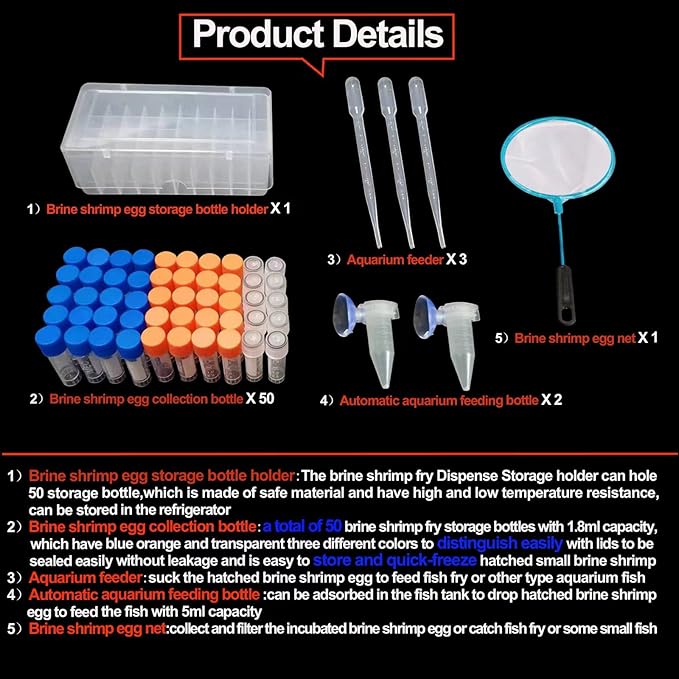 Brine Shrimp Egg Dispense Storage Kit with 50 Egg Collection Bottles, Holder, 3 Aquarium Feeders, 2 Automatic Feeding Bottles, Collecting Net