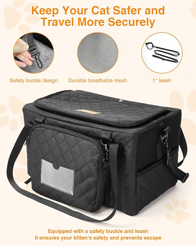 PETUX Collapsible Airline Approved Cat Carrier - 16" x 10" x 9.5", Double Anti-Escape, Small Pet Travel Bag for Small Cats Under 10 lb with Removable Snack Bag, Safety Buckle ＆ Leash - Black
