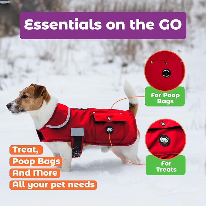 Joyride Harness FrostFlex Dog Winter Jacket - Fleece Lined & Water-Resistant - Snowsuit with Pockets for Treats & Poop Bags - Durable Cold Weather Dog Coat - Red Rush-M