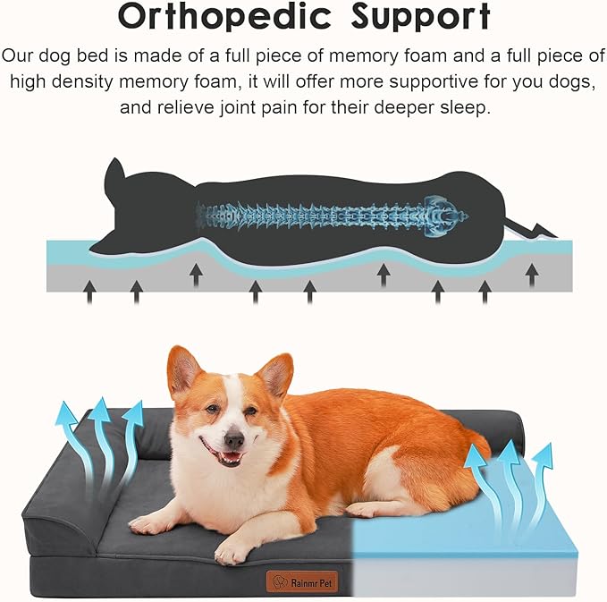 Orthopedic Dog Beds Large Sized Dog, Memory Foam Pet Bed for Large Dogs, Removable and Washable Microsuede Cover, TPU Waterproof Liner, Nonskid Bottom, 41x27x6 Inches, Dark Grey