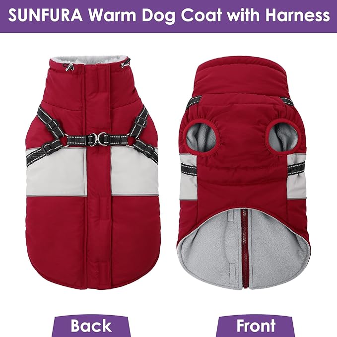 SUNFURA Dog Winter Coat, Waterproof Dog Coat Jacket with Harness for Medium Dogs Boys Girls, Reflective Fleece Lined Pet Snow Jacket Sweaters for Pug, Jack Russel, Boston Terrier, Burgundy M