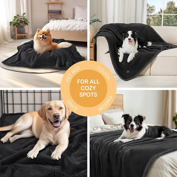 Luciphia Waterproof Pet Blanket, Liquid Pee Proof Dog Blanket for Sofa Bed Couch, Reversible Sherpa Fleece Furniture Protector Cover for Small Medium Large Dogs Cats, Black Queen Size（90" x 82"）