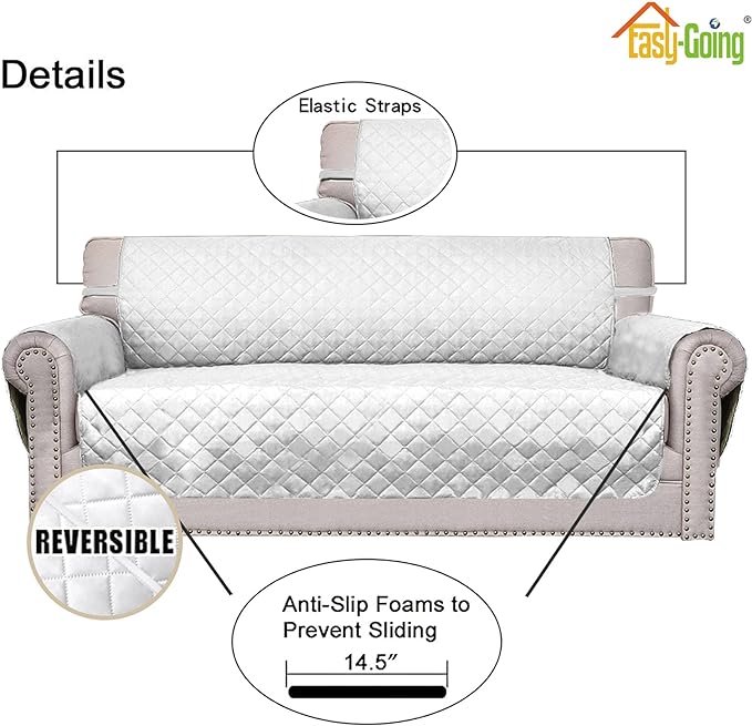 Easy-Going Reversible Couch Cover for 3 Cushion Couch Sofa Cover for Dogs Water Resistant Furniture Protector Cover with Foam Sticks Elastic Straps for Pet Cat (Sofa, White/White)