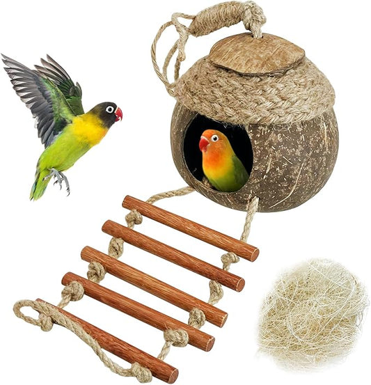 Tfwadmx Coconut Bird Nest Hut with Ladder Natural Coconut Fiber Shell Hanging Coco Birds House Parrot Cage Decor for Parrot Parakeet Lovebird Finch Canary
