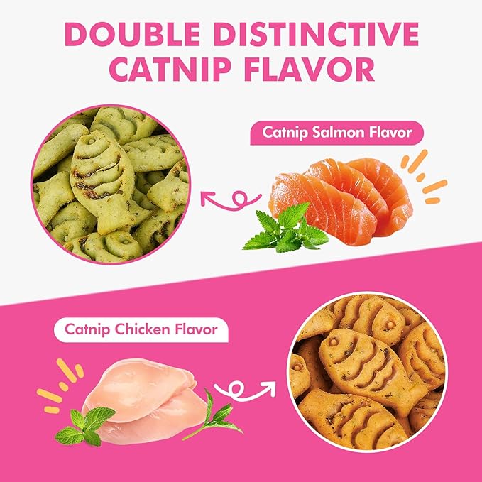 Catnip Cat Treats, Chicken and Salmon Flavor Snacks, Training Crunchy Fish Shape Adult Cat Biscuits, 30 oz