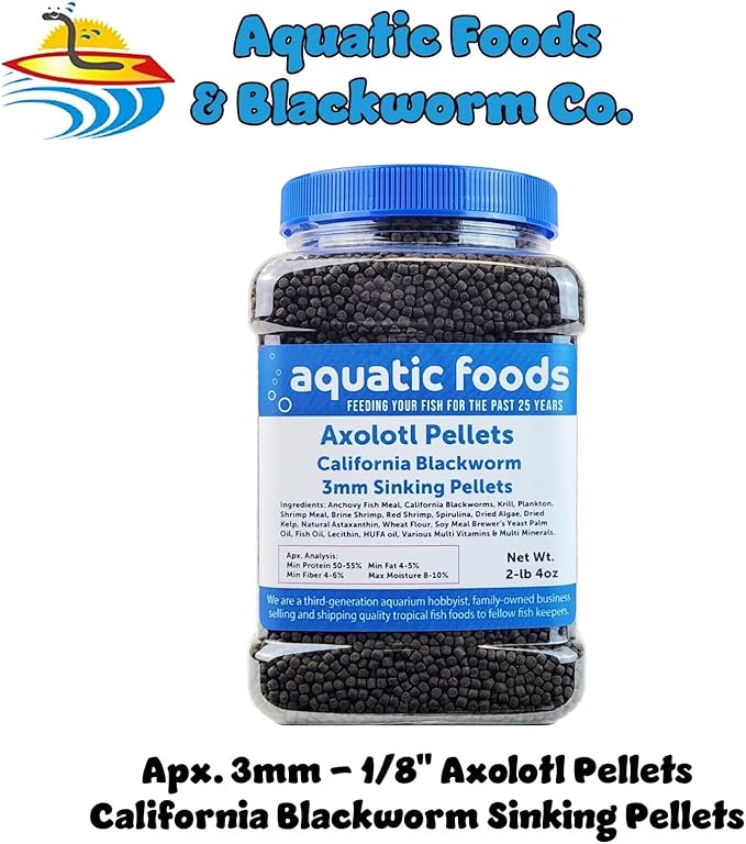 Aquatic Foods Inc. Axolotl Blackworm Pellets. 3mm-1/8 Sinking California Blackworm Medium Pellets for Medium/Large Axolotl, Frogs, Shrimp, Salamanders, Newts, Snails…2-lbs 4oz Jar