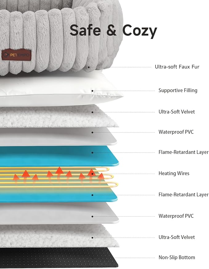 Heated Cat Bed Indoor, Pet Bed with 6 Temperature & 5 Timer Settings, Fluffy Cat Couch with Removable Machine-Washable Cover for Dogs Kitten Puppy in Winter, UL & FCC Certified, Medium, Grey