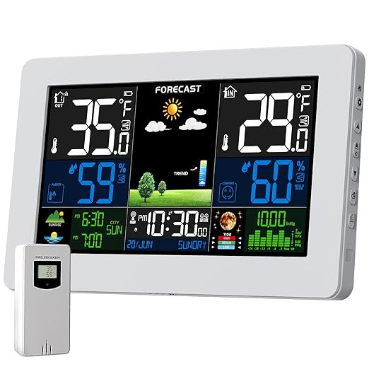 Weather Station Wireless Indoor Outdoor Thermometer, Digital Thermometer with Remote Sensor, Large Display Home Weather Stations with Weather Forecast, Atomic Clock, Barometric Pressure, Moon Phase
