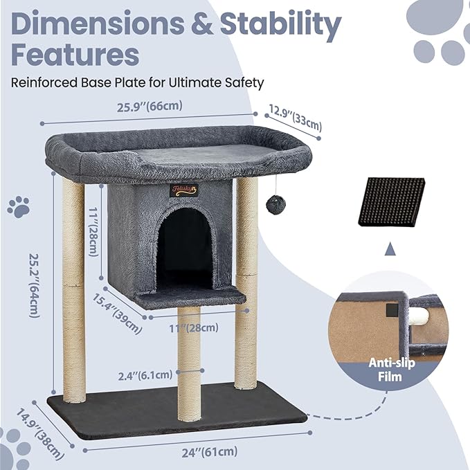 Small Cat Tree Tower for Indoor Large Cats, Cat Scratching Post with Big Perch Bed, 28in Tall Trees House with Condo Cave, Toy Balls, Modern Climbing Furniture Big Platform for Kitten (Dark Gray)