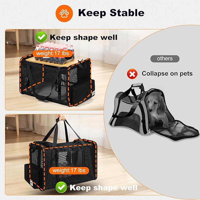 25''(L) x 17''(W) x 17''(H) Extra-Large Expandable cat Carrier for Long Distance car Travel,for 1 Extra-Large cat / 2 Large Cats / 3 Small-Medium Cats up to 35 lbs(Black)