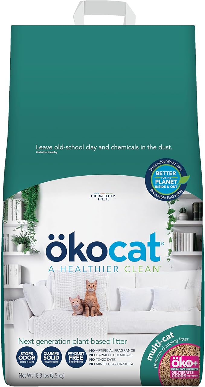 ökocat Multi-Cat Wood Clumping Cat Litter, Unscented, 18.8 pounds - Natural Ingredients, Obliterates Odors with Natural Odor Neutralizer, Clumps Solid, 99% Dust Free, Great for Multiple Cats