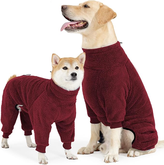 Dog Winter Coat, Warm Fleece Jacket, Windproof Pullover Jumpsuit, Full Body Dog Pajamas Onesie, Cold Weather Clothes for Medium Large Dog(Large,Red)