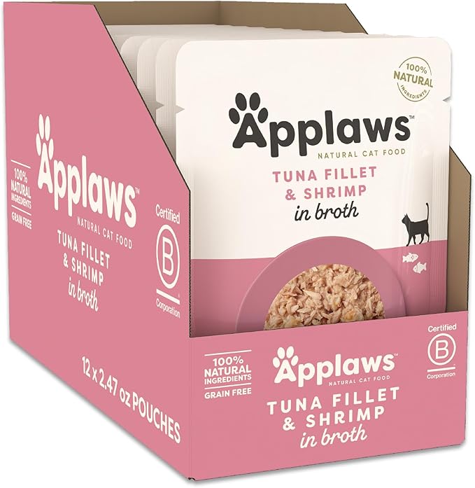 Applaws Natural Wet Cat Food in Broth, Limited and Natural Ingredients, High Protein with No Artificial Additives, Tuna Fillet & Shrimp in Broth (12 x 2.47oz Pouches)
