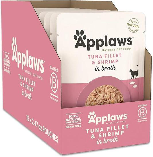 Applaws Natural Wet Cat Food in Broth, Limited and Natural Ingredients, High Protein with No Artificial Additives, Tuna Fillet & Shrimp in Broth (12 x 2.47oz Pouches)