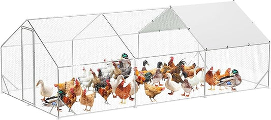 Large Metal Chicken Coop Run,Outdoor Walk-in Cage Peak Hen House with Waterproof and Anti-Uv Cover,Spire Roof Hen House with Security Lock for Outdoor,Backyard and Farm, 9.8 x 19.7 x 6.6 Ft