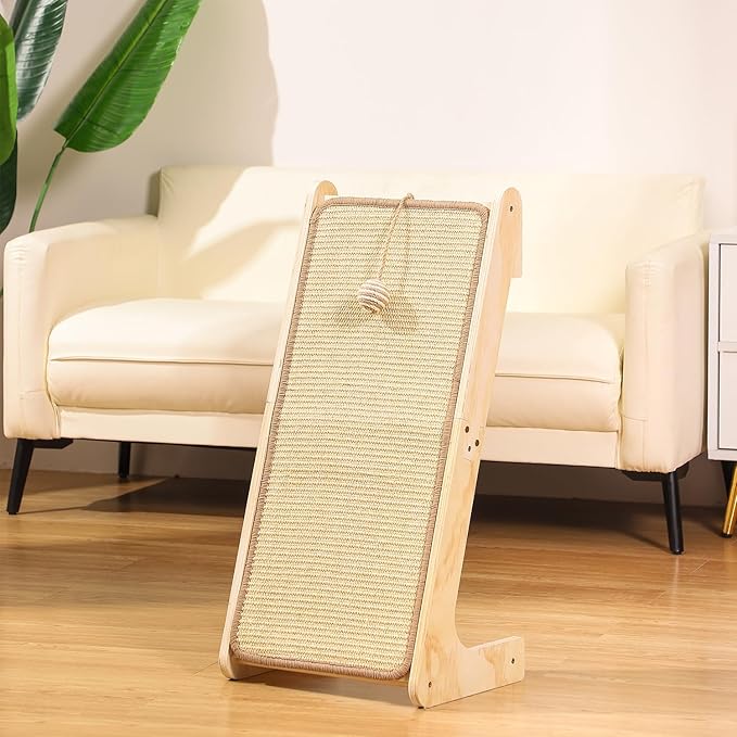 L-Shaped Cat Scratcher Ramp with Sisal Pad & Ball Toy - Furniture Protector