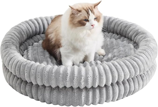 Extra Large Fluffy Cat Beds for Indoor Cats, Washable Round Orthopedic Dog Bed for Small Medium Dogs, Soft Fuzzy Pet Bed with Non-Slip Bottom, Cute Kitten Bed, 27.6x27.6x6.3 in, Gray