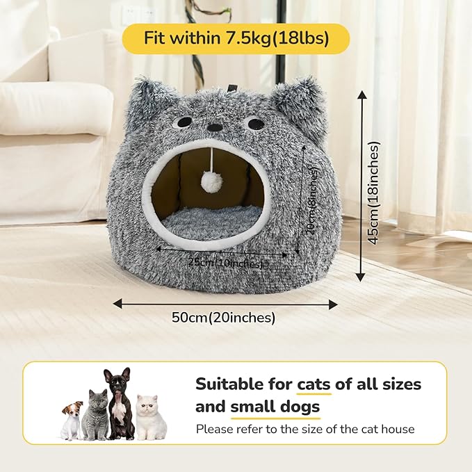 CATISM Cat Bed for Indoor Cats - Cat Bed Cave Washable, Soft Plush, Removable Pillow, Non-Slip Base, Large Cave for Kitty