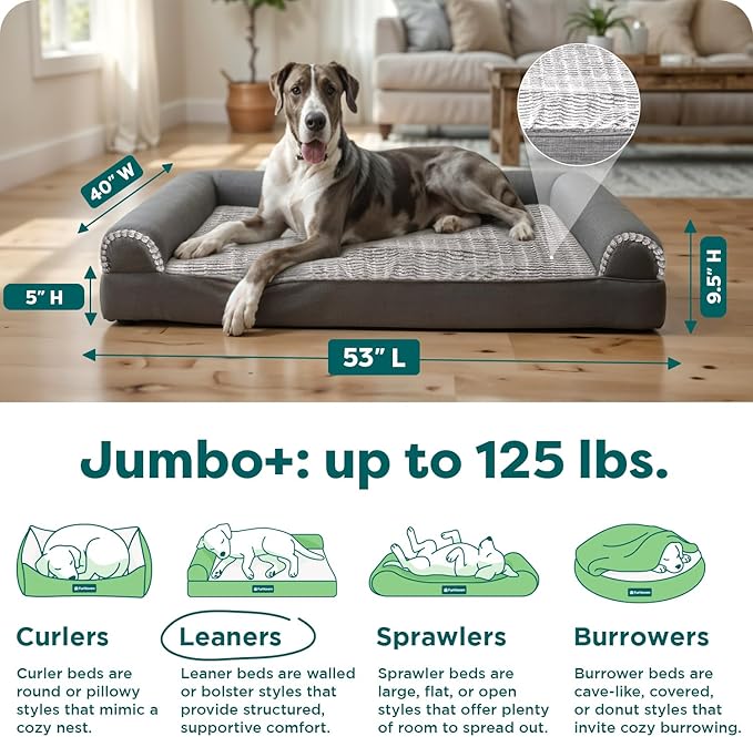 Furhaven Orthopedic Dog Bed for Large Dogs w/ Removable Bolsters & Washable Cover, For Dogs Up to 125 lbs - Luxe Faux Fur & Performance Linen Sofa - Charcoal, Jumbo Plus/XXL