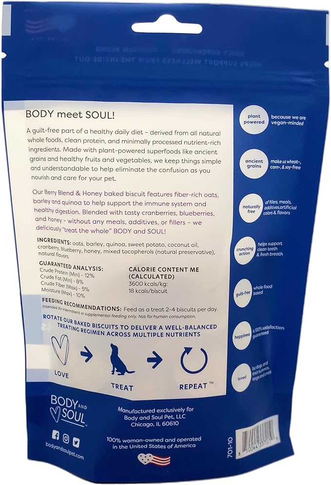 Body and Soul Berry Blend + Honey Crunchy Dog Treats - Superfood Biscuits Baked with Oats Barley & Quinoa - All-Natural Plant Based Clean Protein, No Additives or Fillers - Made in USA 2 Pack (20oz)