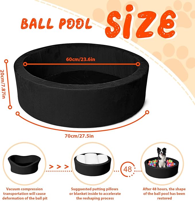 Pet Beds, 27.5 Inch Round Foam Sof Dog Beds，Suitable for Small Dog & Cat Play in The Ball Pit，Black - Ideal for Puppies and Kittens（Balls Not Included）...