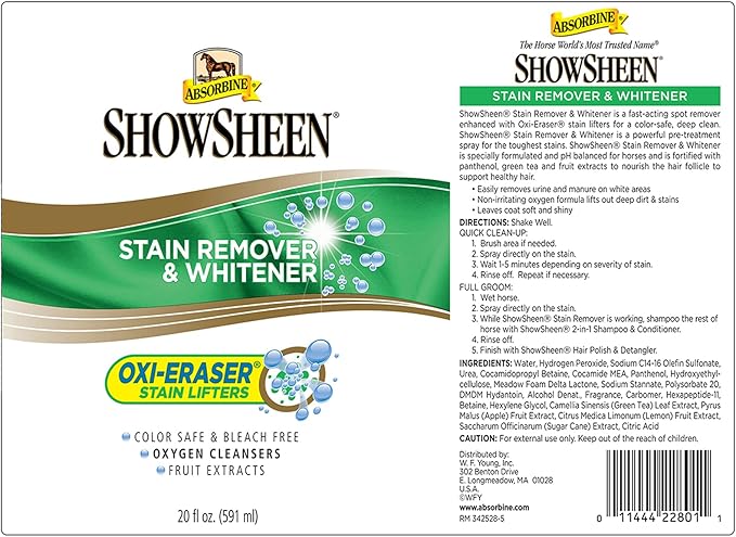 Absorbine ShowSheen Stain Remover & Horse Whitener, Oxi-Eraser Stain Lifters, 20oz