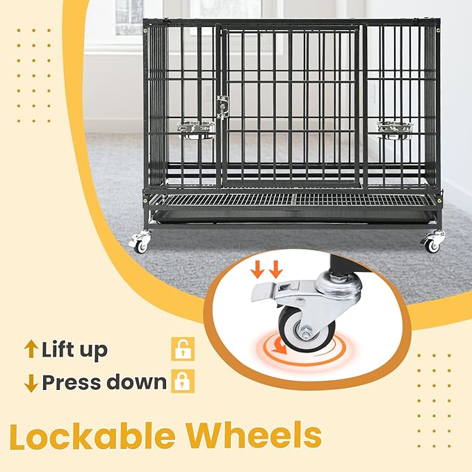 36 Inch Stackable Heavy Duty Dog Crate for Medium/Small Dogs, Metal Escape Proof Dog Crate with Lockabl Wheels, Removable Tray & Metal Grid, Medium Dog Cage Kennel Indoor for High Anxiety Dogs