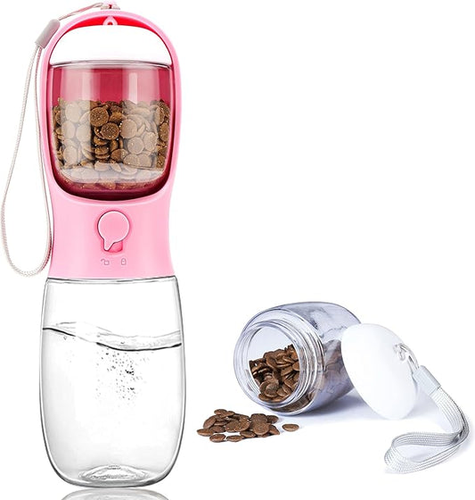 Portable Dog Water Bottle with Food Container,15oz Leak-Proof Pet Water Dispenser for Dogs, Cats, Puppies,Built-in Activated Carbon Filter for Travel,Hiking, Walking,and Outdoor Activities