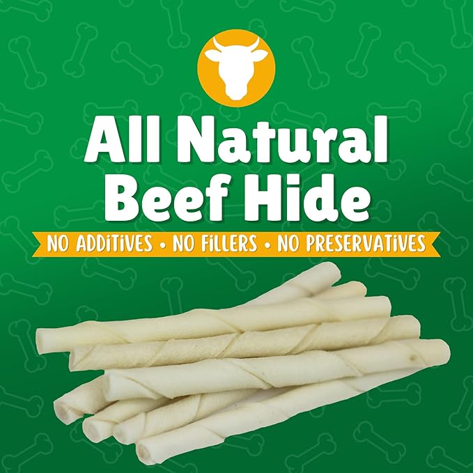 Natural Rawhide Twist Sticks Dog Treats – 125ct. Premium Rawhide Chew Sticks – Long Lasting Chews for Small Dogs and Puppy Treats Made with Natural Beef Hide