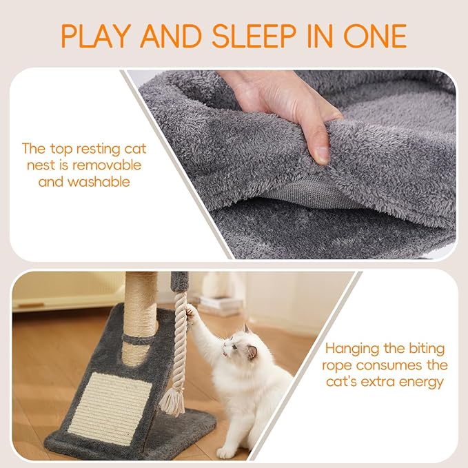 Cat Tree with Bed, 24.8" Multi-Level Cat Tower with Sisal Scratching Posts, Plush Perch, Hanging Toys & Grooming Brush - for Indoor Cats to Play, Sleep, and Claw Sharpening