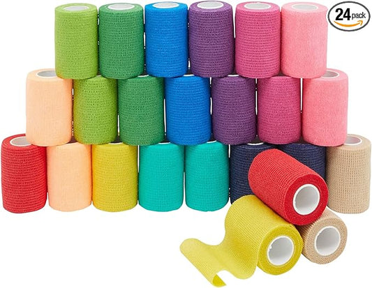 Juvale Cohesive Self-Adherent Bandage Wrap - Elastic Support for Sprains & Sports Tape - Vet Wrap for Horses & Dogs - Hand-Tearable Design & Grip Tape - 24 Rolls, 3 in x 5 yd, Multicolor