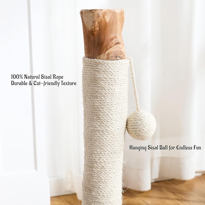 29" Tall Cat Scratching Post with Sisal Scratcher, Extra-Stable & Natural Solid Rubber Wood Base, Hanging Ball Toy for Indoor Cats Adults & Kittens, White