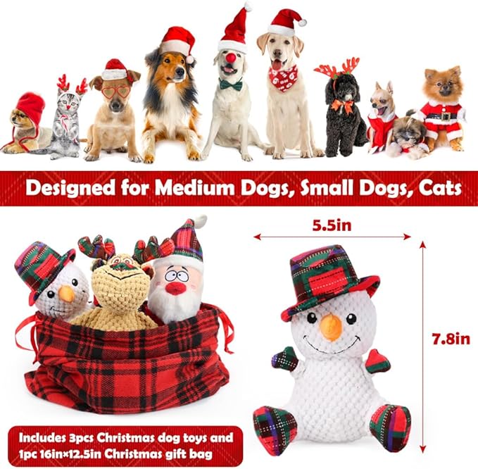 SZEE Christmas Dog Toys, 3 Pack Plush Squeaky Chew Toys for Medium & Big Dogs, Funny Dog Idea, Interactive Pet Playthings for Mental Stimulation - Santa, Reindeer, Snowman