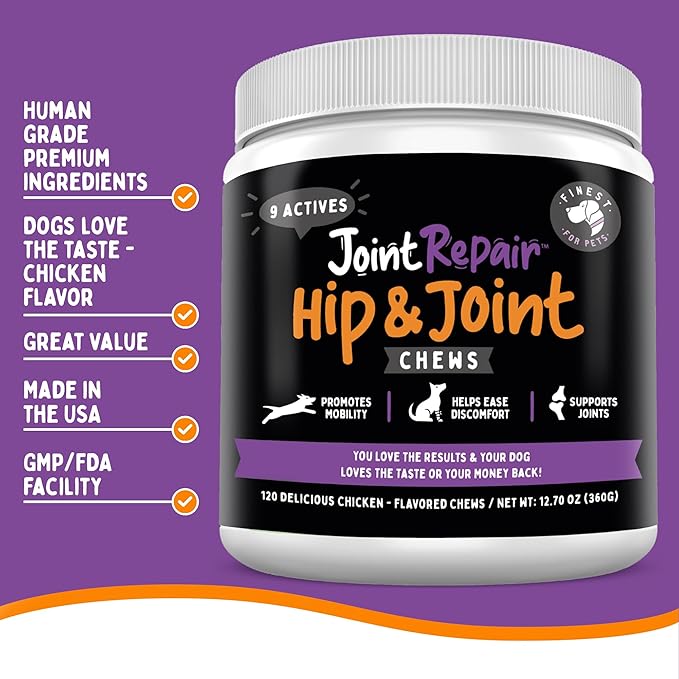 Finest For Pets Joint Repair Hip and Joint Chews for Dogs Glucosamine, Chondroitin, MSM, Omega 3 & Turmeric for Dog Joint Support, Mobility & Pain Relief - (120 Chicken Flavored Chews, Made in USA)
