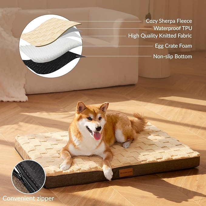 Patas Lague Orthopedic Dog Bed Large Sized Dog 36''X24'', Waterproof Soft Comfortable Egg Crate Foam Large Pet Beds Crate Mat with Removable Washable Cover and Nonskid Bottom, Brown