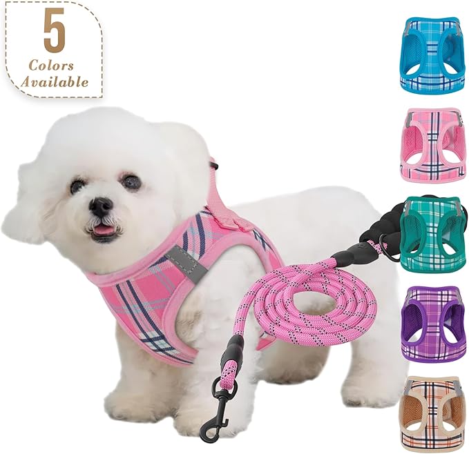 Athena Collection Small Dog Harness with 5 ft Leash, Step-in Dog Harness Leash Set Small No Pull Dog Vest Harness with Reflective Strips Adjustable Velcro, Easy Walk Puppy Harness, Pink