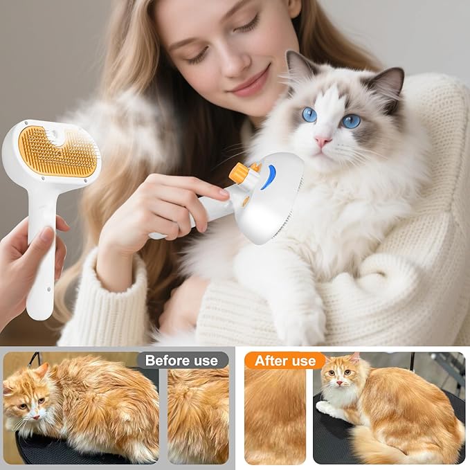 Pet Steam Brush for Dog & Cat - 3-in-1 Pet comb leave-in serum for Shedding & Hair Removal - Self Cleaning Spray Comb with Mist for Long Haired Pets - Includes 1*Waterless Shampoo, Yellow