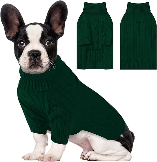 Small Dog Thermal Pullover Sweater, Classic Turtleneck Cable Knitwear Dog Clothes for Cold Weather Warm Pet Clothes for Chihuahua, Bulldog, Dachshund, Pug Green X-Large