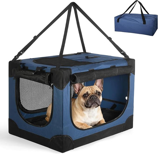 Soft Small Dog Crate - 24 inch Portable Travel Puppy Crate for Small Pets or 2 Cats, Collapsible Pet Carrier with 4 Mesh Doors, Car Kennel for Dogs with Handle for Indoor and Outdoor, Bule