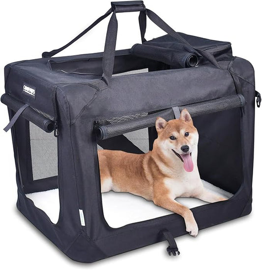 JESPET 30'' Soft Dog Crates Kennel for Pets, 3 Door Soft Sided Folding Travel Pet Carrier with Straps and Fleece Mat for Dogs, Cats, Rabbits, Grey Blue, Beige & Black (30?�L x 21?�W x23??H, Black)