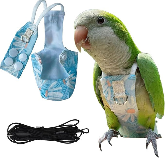 Snap-Closure Parrot Diapers with Adjustable Leash - Washable Bird Flight Suits for Cockatiels, Sun Conures & Quaker Parrots Secure & Chew-Resistant (L – Rainbow Honey Sucker/Golden Sun + 1m Rope)